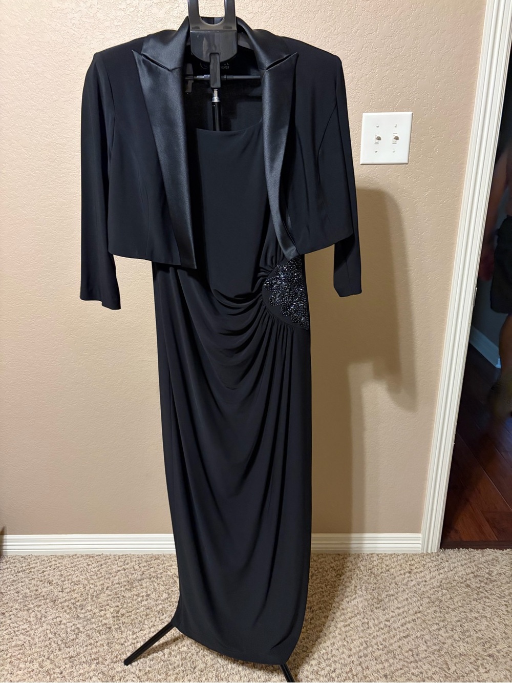 Alex Evenings 12P Black Draped Maxi Dress with Matching Bolero